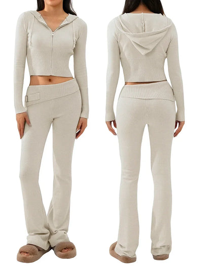 Women Tracksuit  Knit Lounge Set Long Sleeve Zip Up Hoodie with High Waist Wide Leg Pant 2 Piece Sweater Ensemble Casual Set