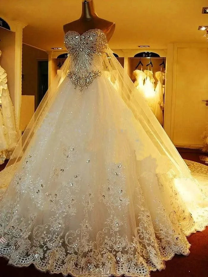 Royal Train Wedding Dress Heavy Beads Rhinestones Arabia Bridal Gown