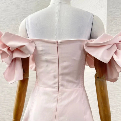 2025 New Design Spring Summer Strapless Pink Flowers High Quality Appliqued Decoration Women Midi Dress - Elanique