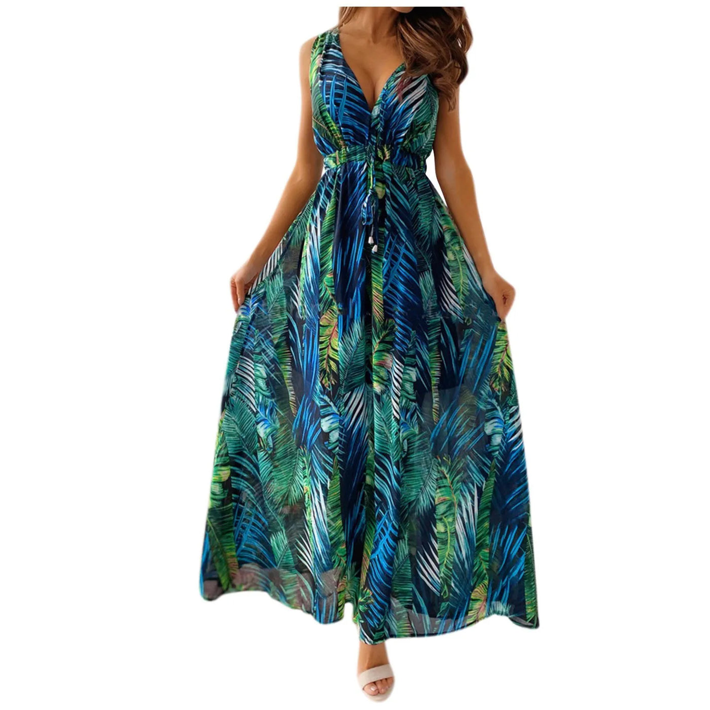 dresses for women Summer dress Casual Print Bandage Elastic Waist V-Neck Sleeveless sexy long Dresses vestidos verano moda 2024