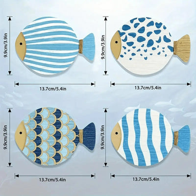 4x Wall Art Wooden Artwork Ornament Hanging Decor Ocean Theme Fish Wall Sculpture for Bathroom Home Living Room Farmhouse Garden
