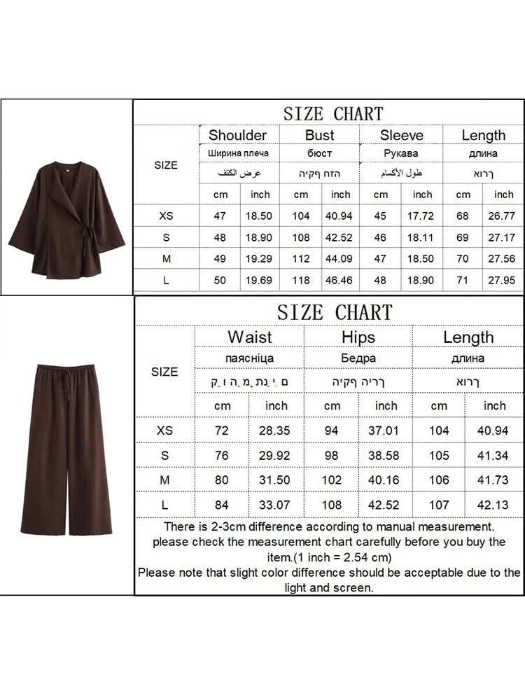 TFMLN Fashion Linen 2 Pieces Women 2024 Spring Summer Kimono Style Loose Lace Up Shirts Tops Women's Wide Leg Pants Sets