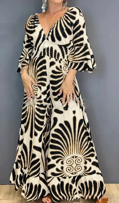 Fashion Print Jumpsuit Female Casual Deep V Neck Ruffles Three Quarter High Waist Wide Leg Pants Jumpsuits Women Summer Clothes