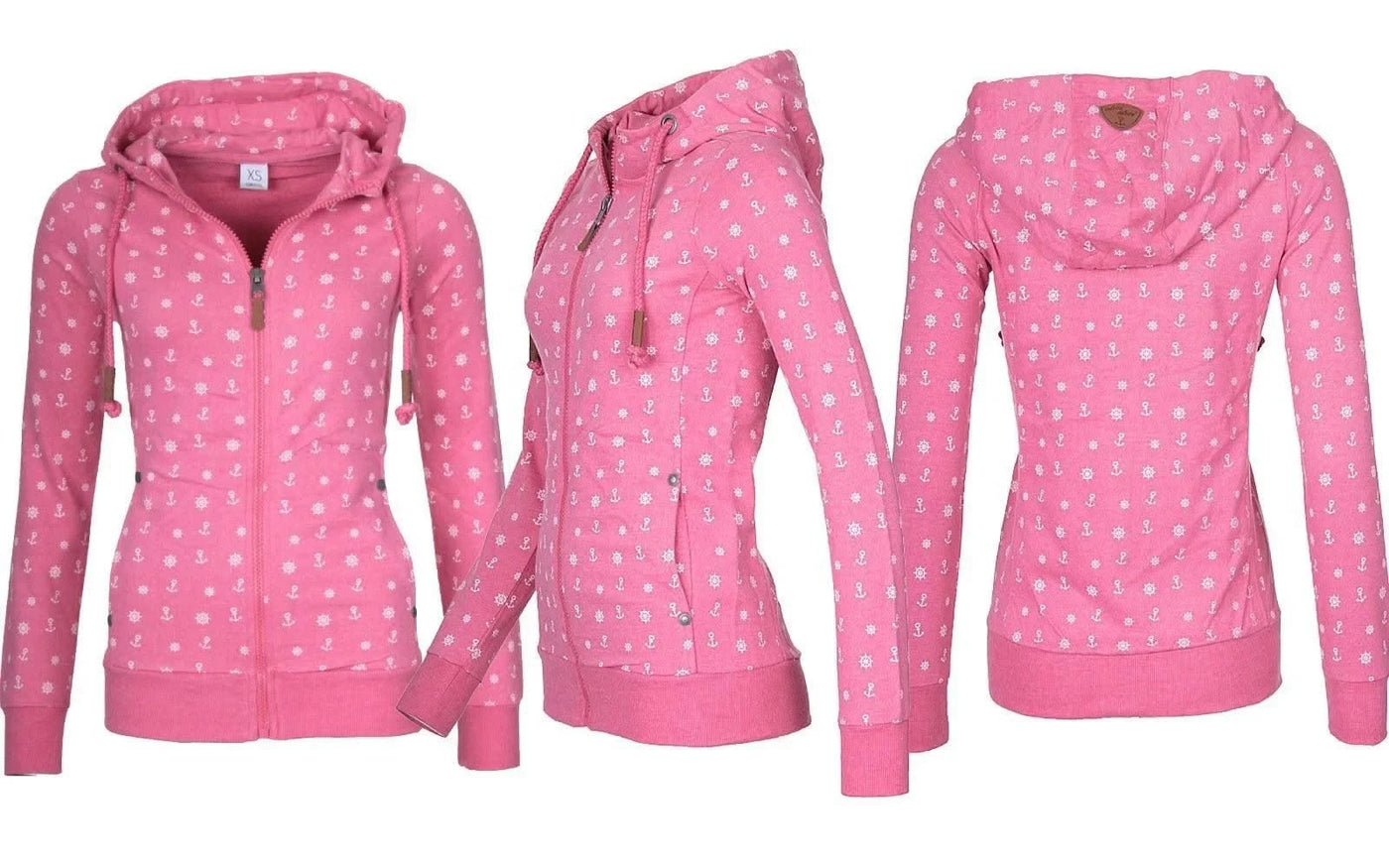 NEW Women Hooded Fleeces Oversize Sea Anchor Print Zipper coat Jumper Casual Sweatshirt Tops Autumn long sleeve hooded sw