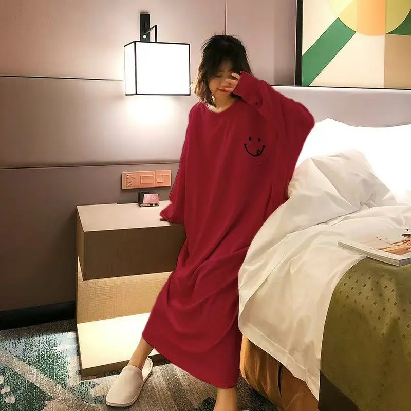 Female Loungewear Smiley Face Autumn Winter German Fleece Thickened Warm Long Nightgown Women Wearable Outdoors Lady Pajamas