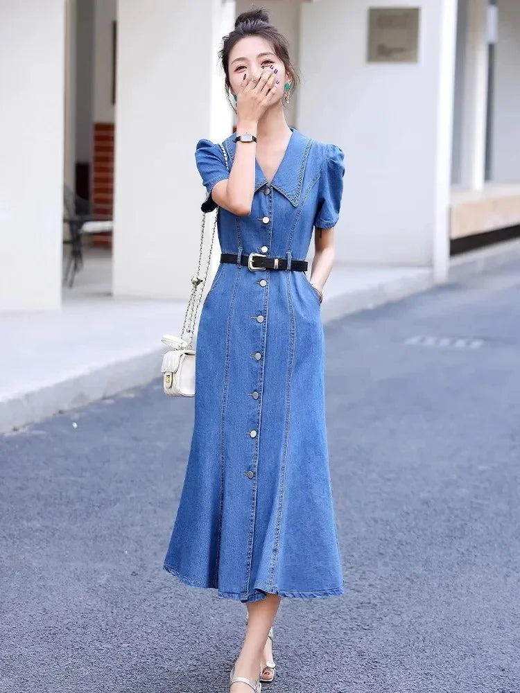 Denim Dress Women 2025 Spring Summer New Temperament Waist Fashion Fishtail Skirt Female Single Breasted Long Slim Dresses