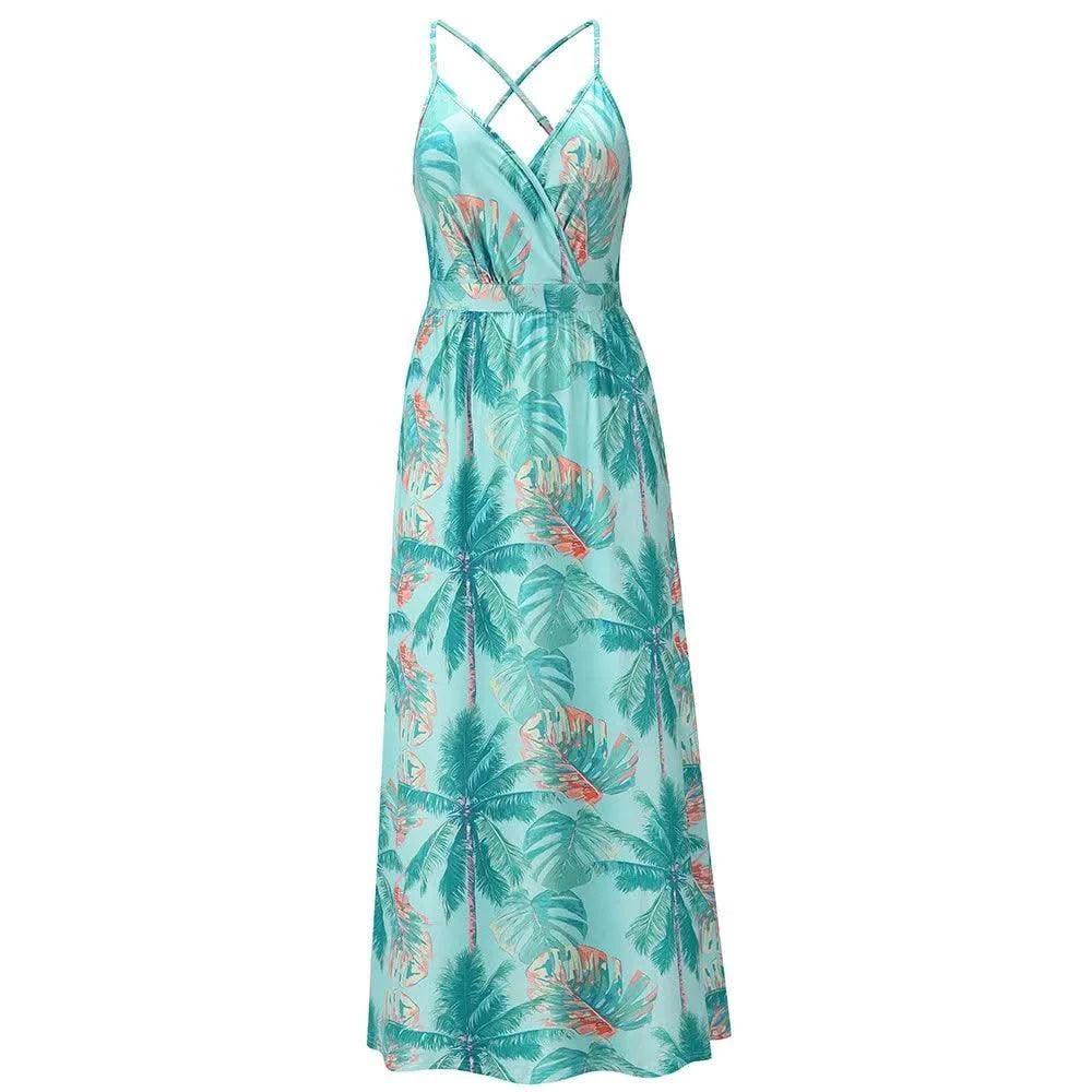Floral Dress Women's Summer Dress Sexy Backless V-neck Suspender Long Dress
