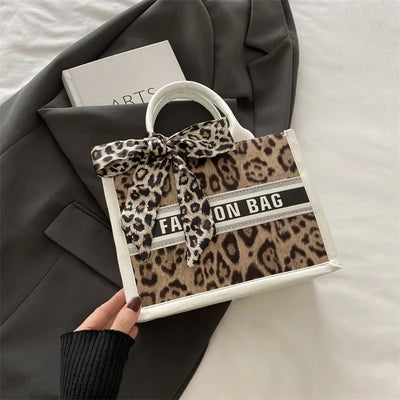 Fashion Leopard Print Top-handle Bags For Women, Bow Ribbon Decoration Designer Handbags Ladies Casual Tote