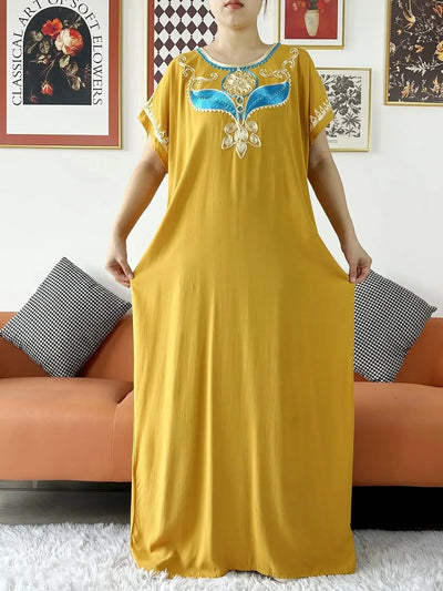 New Dubai Lady Party Summer Solid Cotton Dress with Scarfs African Dashiki Women Maxi Cotton Embroider Loose Vestidos
