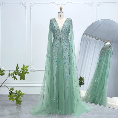 Alice CollectionPro Sage Green Luxurious Women's Evening Dresses 2025 with Cape Sleeves Champagne Long Wedding Dress Customized