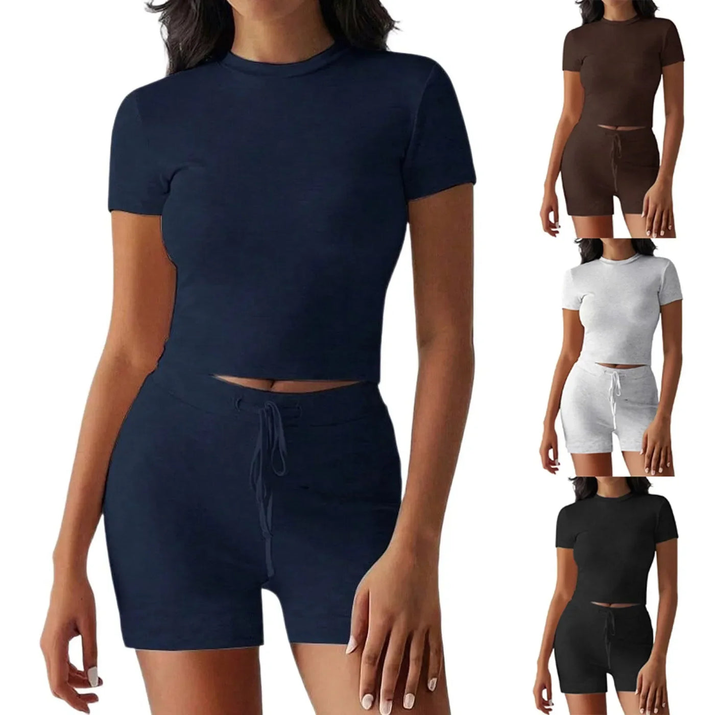 Women's Shorts Tracksuit Outfits Simple Solid Comfy Short Sleeve Tops Drawstring Waist Shorts Set Causal Sports Yoga Style Set