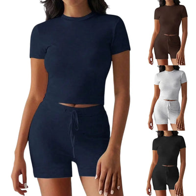 Women's Shorts Tracksuit Outfits Simple Solid Comfy Short Sleeve Tops Drawstring Waist Shorts Set Causal Sports Yoga Style Set