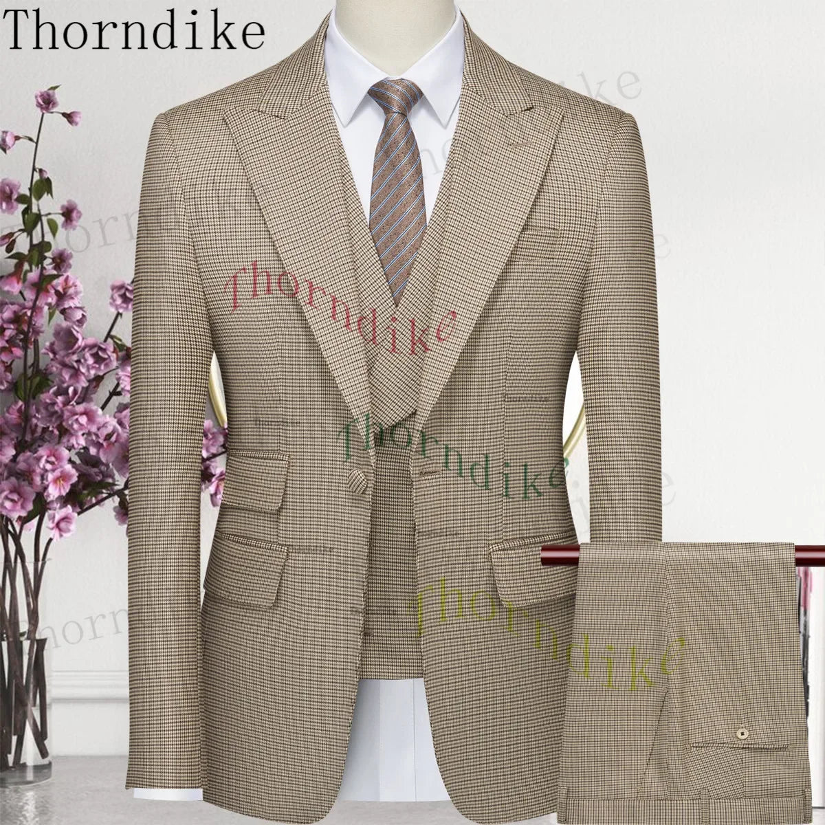 Thorndike Hot Sell Khaki Plaid Custom Made Classic Groom Tuxedo Groomsmen Best Man Suit Wedding Men's Blazer+Vest+Pants Costume
