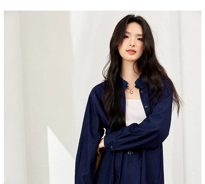 VIMLY Navy Blue Denim Suit Women's 2025 Autumn Outfits Vintage Lace Polo Collar Shirt Wide Legs Pants Ladies 2 Piece Sets A2526