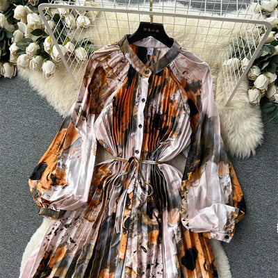 Retro Print Elegant Pleated Lantern Long Sleeve O Neck Single Breasted Dress A-line  Casual High Waist Women Summer Dresses