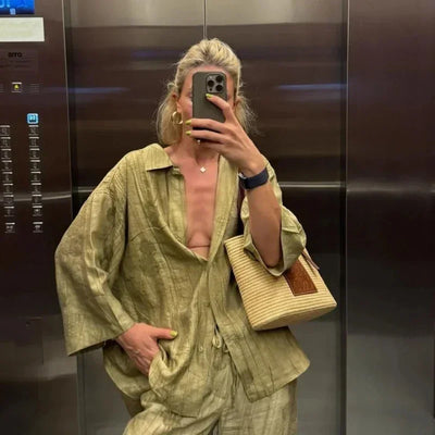 Women's Jacquard Oversized Shirt Trousers Short Sleeves Suit Lapel Shirt High Waist Elastic Straight Leg Pants Chic Female Set