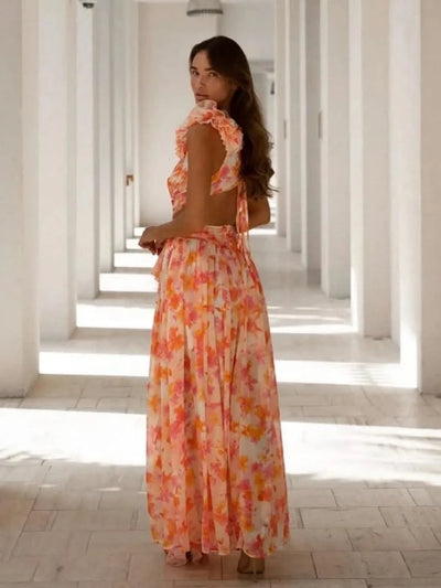 Summer Sleeveless Floral Dress for Women Deep V Neck Flower Print Backless Ruffles Long Dresses Beach Holiday Party Sundress