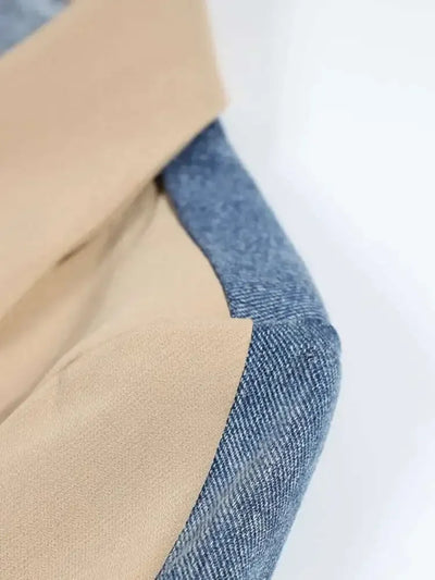 DEAT Women's Blazer Notched Collar Patchwork Denim Long Sleeve Khaki Long Sleeve Suit Coat  2024 Summer New Fashion  29L1530
