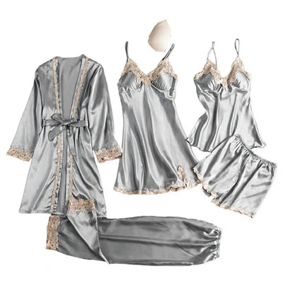Women's Summer Sexy Pajama Pants Set 5 Pieces Nightgown Nightdress Top Shorts Pants Set Lace Satin Silk Sleepwear Robe Sleepwear