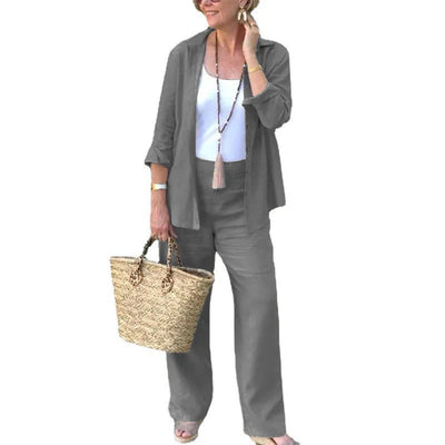 Cotton Linen Sets Womens Outifits Mathing Grey Long Sleeve Lapel Shirt Blouse Casual Long Pant Two Piece Tracksuit Suits
