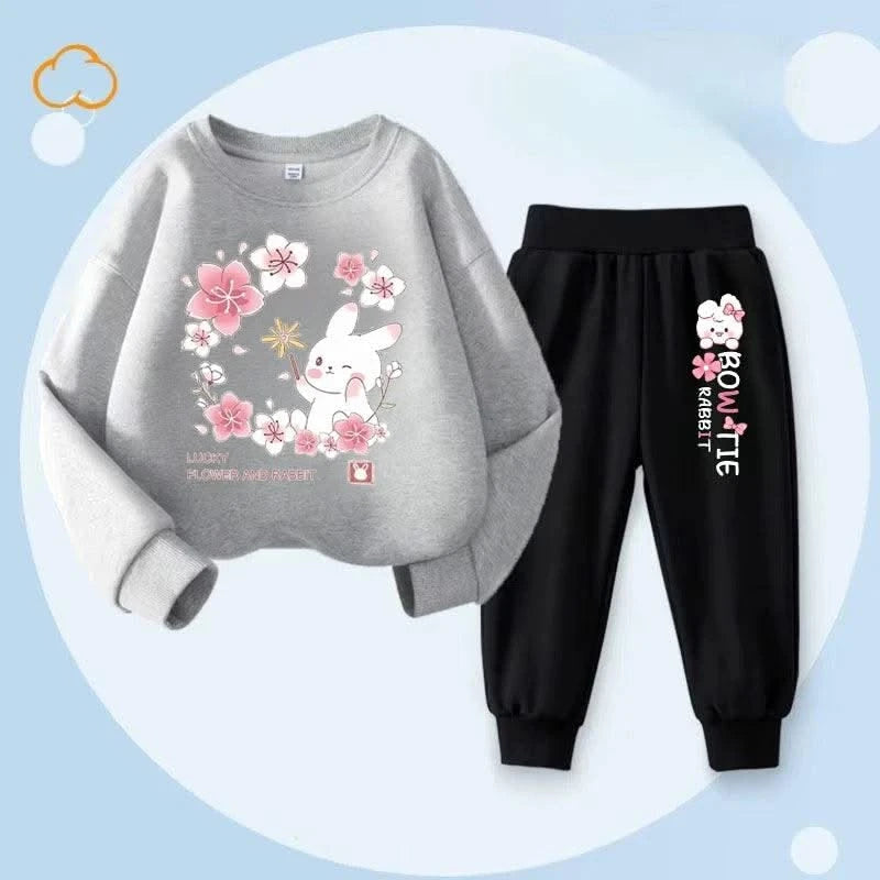 Cute Rabbit Printed Children's Sweatshirt Sweatpants Two Piece Suit |Girls Kids Outdoor Outfits