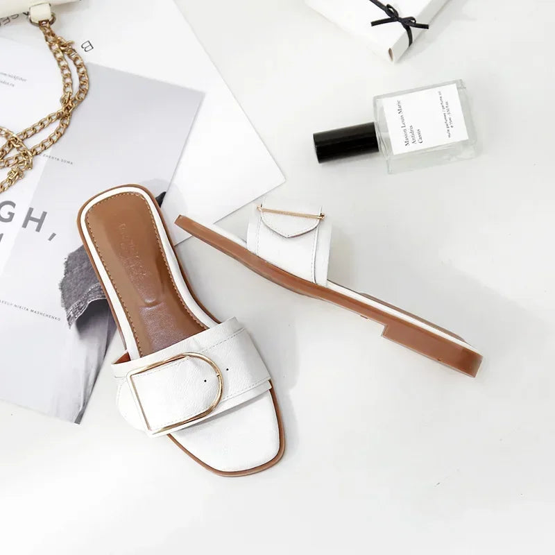 Summer Women Slippers Leather Square Toe Women Flats Flip Flops Designer Ladies Slides Sandals Women Shoes Luxury Sandals