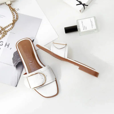 Summer Women Slippers Leather Square Toe Women Flats Flip Flops Designer Ladies Slides Sandals Women Shoes Luxury Sandals