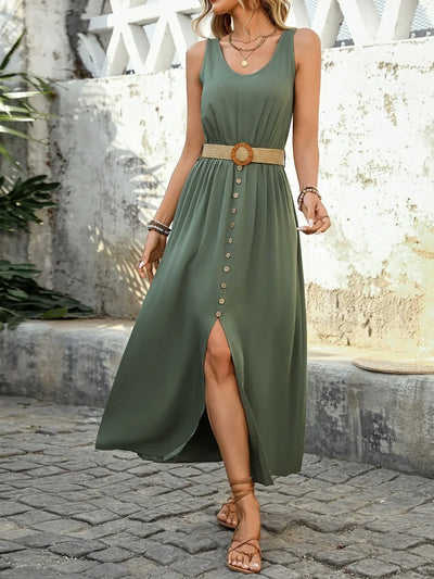 New European and American Dress for Women Clothing Leisure Vacation Simple Split Fork Solid Sleeveless V-neck Dress with Belt