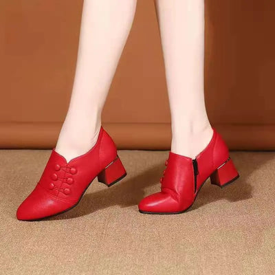 Women's Boots 2025 New Casual Leather Shoes for Women Comfort Office Low Boots Pointed Toe Ladies High Heels Red Wedding Shoes
