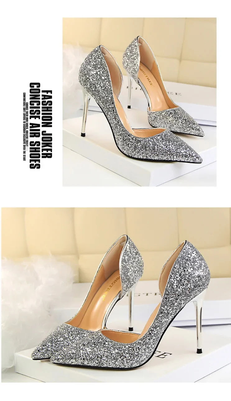 BIGTREE Shoes Champagne Women Pumps Sequin Wedding Shoes Stiletto High Heels Women Shoes Luxury Party Shoes Pumps Plus Size 43