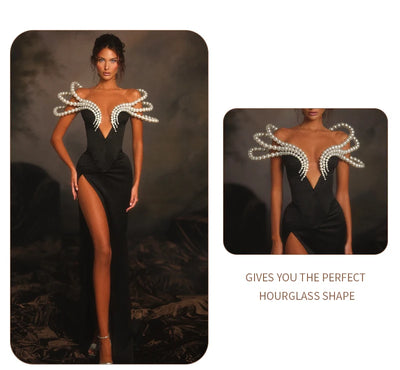 Women's Elegant Black Off-Shoulder Evening Dresses with Pearl Embellishment and High Slit for Formal Events & Weddings Vestidos