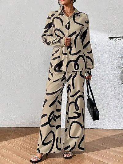 Women Clothing 2024 Autumn New Fashion Print Set Casual Button Collar Shirt Long Sleeved Wide Leg Pants Long Pants Two-piece Set