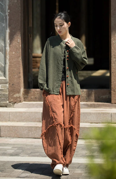 Cotton Linen Women's Literary Vintage Ramie Tops Shirt Women's Patchwork Colour Plate Button Lapel Cardigan Jacket Chinese Style