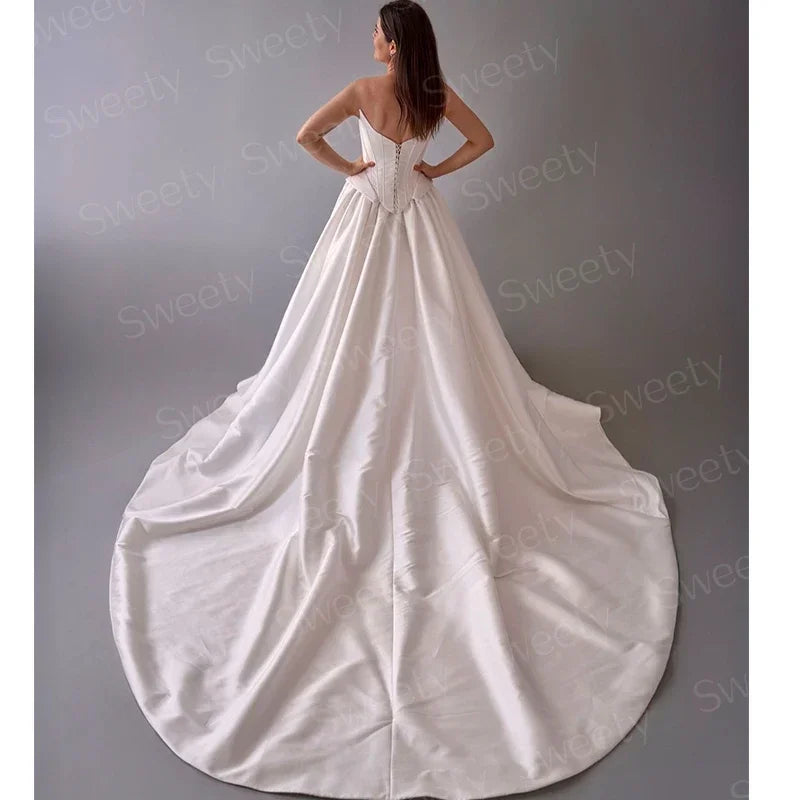 Charming Wedding Dress Satin Taffeta With Pearls A-Line Floor Ball Gown Princess Strapless Lace Up Customized Vestido De Novia