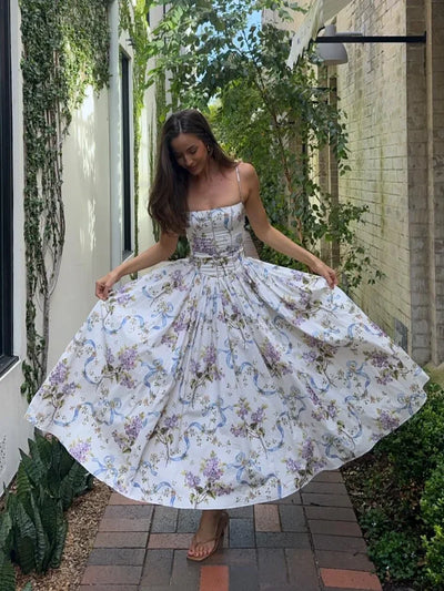 Elegant Women Summer Dresses Floral Printing Strap Backless Sleeveless High Waist Pleated A-line Party Vestidos Chic lady outfit