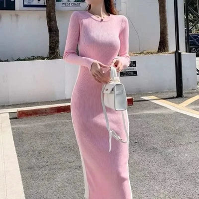 Pink Woman Dress Black Bodycon Maxi Knitted Robe Long Dresses for Women Evening Crochet Round Neck Clothes Sensual Sexy Hot Y2k