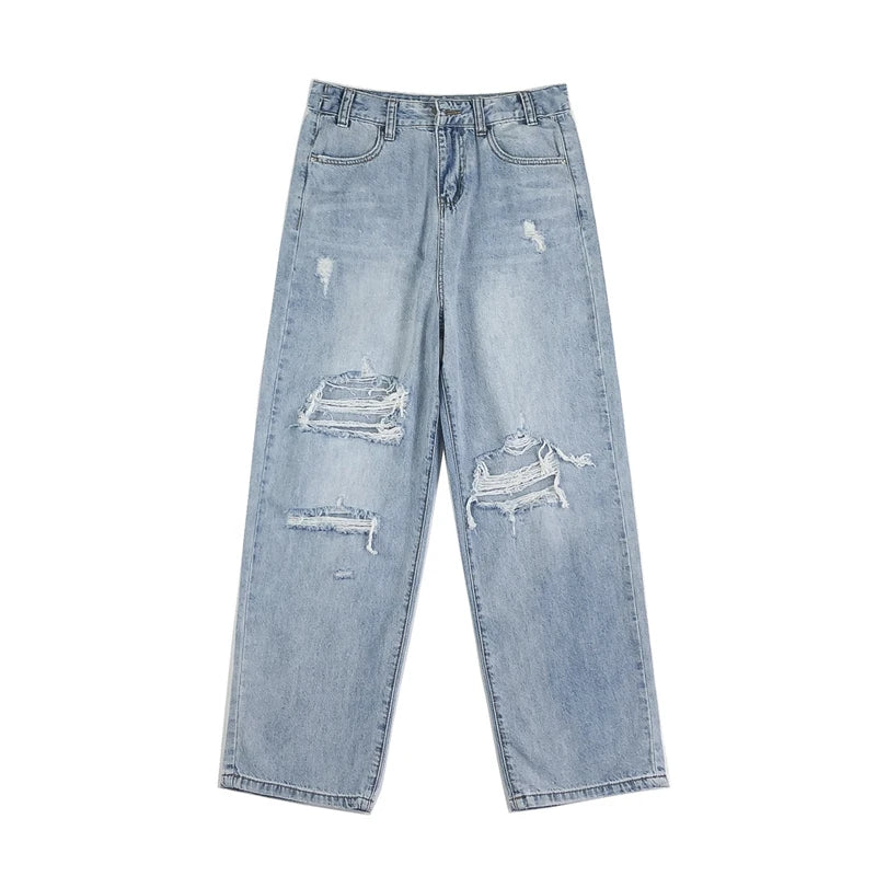 Summer Mens Ripped Jeans Blue Loose Fit Hole Wide-leg Pants Casual Fashion Trousers Streetwear High quality Denim Man Clothing