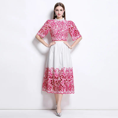 Summer Short Sleeve A-LINE Set Skirt for Women Fashion Ruffled Collar Embroidery Set Skirt Women Vestidos De Verano Mujer Q344