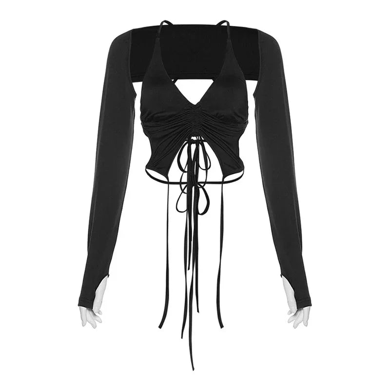 Y2k Streetwear 2 Piece Long Sleeve Halter Crop Top Sexy Trendy Irregular Backless Women T-shirts Aesthetic