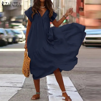 Cotton Linen Sexy V-neck Short Dress Summer New Women's Solid Color Multi-color Casual Loose Short Sleeved Mid Length Dress