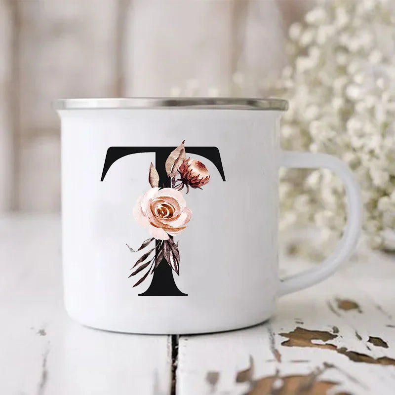 Initial Letter Print Mugs Enamel Creative Coffee Cups Drinks Wine Juice Milk Cup Vintage Home Office Handle Drinkware Best Gifts