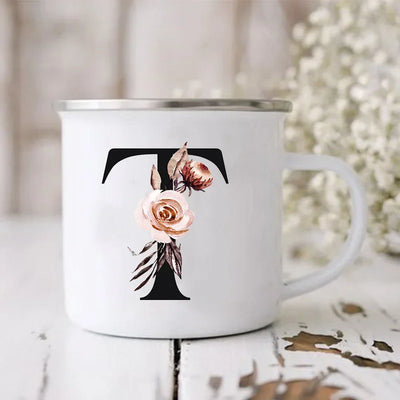 Initial Letter Print Mugs Enamel Creative Coffee Cups Drinks Wine Juice Milk Cup Vintage Home Office Handle Drinkware Best Gifts