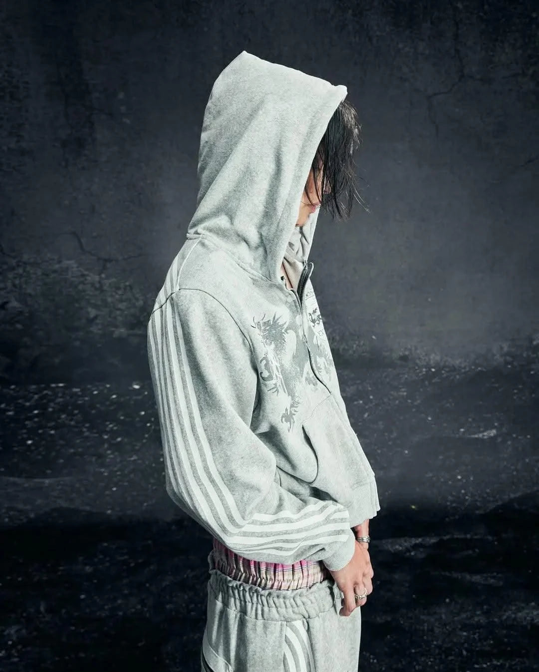 Sexy European and American printed striped hooded sweatshirt with zipper, pink men's and women's sports loose sweatshirt jacket