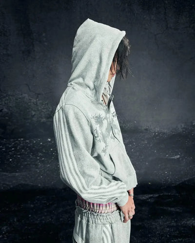 Sexy European and American printed striped hooded sweatshirt with zipper, pink men's and women's sports loose sweatshirt jacket