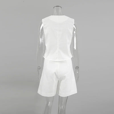 New Cotton Linen Vest Short Sets Casual Sleeveless Undershirt Shorts Sets for Women 2 Pieces Outfit Office Lady White Pant Sets