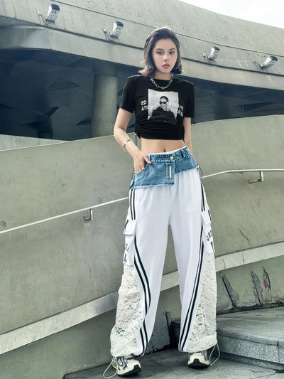 Wide Leg Pants Women Floor Length Patchwork Lace Denim Stripe Print High Waist Multiple Pockets 2025 Streetwear Cargo Trousers
