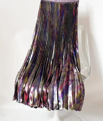 Shiny Colorful Luxury High Waist Midi Skirt 2025 Spring/Summer Fashion Trends Elastic Waistband Pleated Skirt Old Money Style