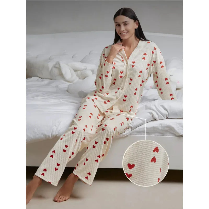 Love Pattern Waffle Pajamas Women Loungewear Set Cardigan Homewear Lady Long Sleeve Top Pant Nightwear 2025 Autumn Spring New