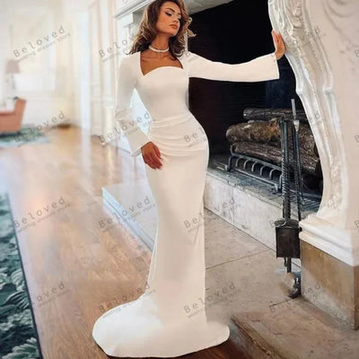 Elegant Wedding Dresses Satin Bridal Gowns Sexy Robes For Formal Party Full Sleeves Sweep Train Vestidos De Novia Customized
