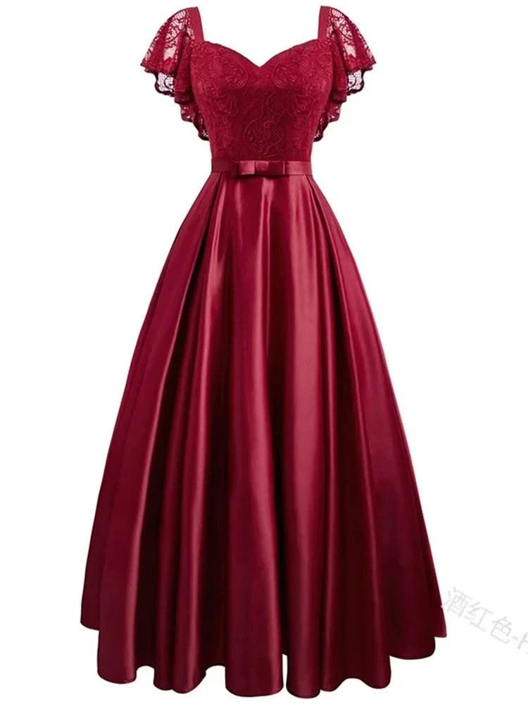 Summer Burgundy Party Dress Floral Lace Long Women Short Sleeve Ruffle Elegant Red Blue Black Casual Maxi Date Satin Vestidos